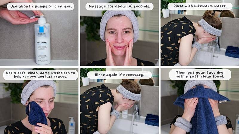 Hướng dẫn cách dùng sữa rửa mặt không tạo bọt La Roche-Posay Toleriane Dermo-Cleanser.