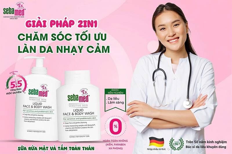 Sau sinh có được tắm sữa tắm không? Cách chọn sữa tắm an toàn cho phụ nữ sau sinh 3 - 3 Sữa rửa mặt và tắm toàn thân Sebamed Liquid Face & Body Wash chăm sóc tối ưu cho da nhạy cảm.