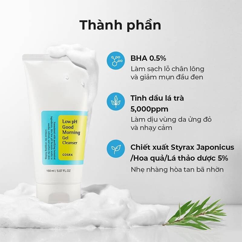 Sữa rửa mặt cho da mụn tuổi dậy thì COSRX Low pH Good Morning Gel Cleanser.