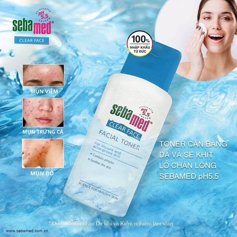 Nước hoa hồng có tẩy trang được không? Nước cân bằng da Sebamed pH 5.5 dịu nhẹ cho da.