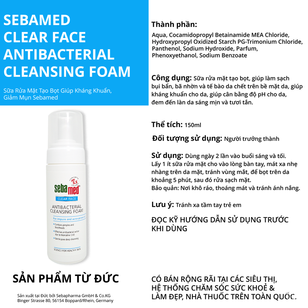Sữa rửa mặt Sebamed Hàng Đức chính hãng lành tính, phù hợp nhiều loại da và tình trạng mụn.
