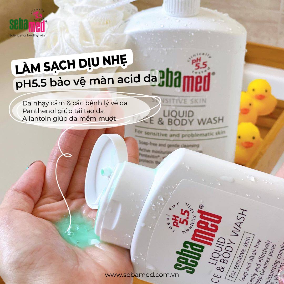 Làm sạch dịu nhẹ cùng sữa rửa mặt và tắm toàn thân Sebamed pH5.5