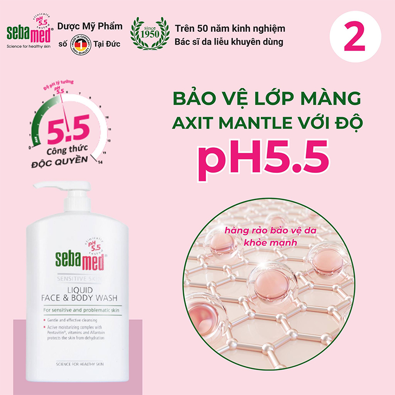 Sữa rửa mặt & tắm toàn thân sebamed: bí mật da khỏe từ đức - 9 - sebamed Sữa rửa mặt và sữa tắm toàn thân pH 5.5 bảo vệ lớp màng axit Mantle của da.